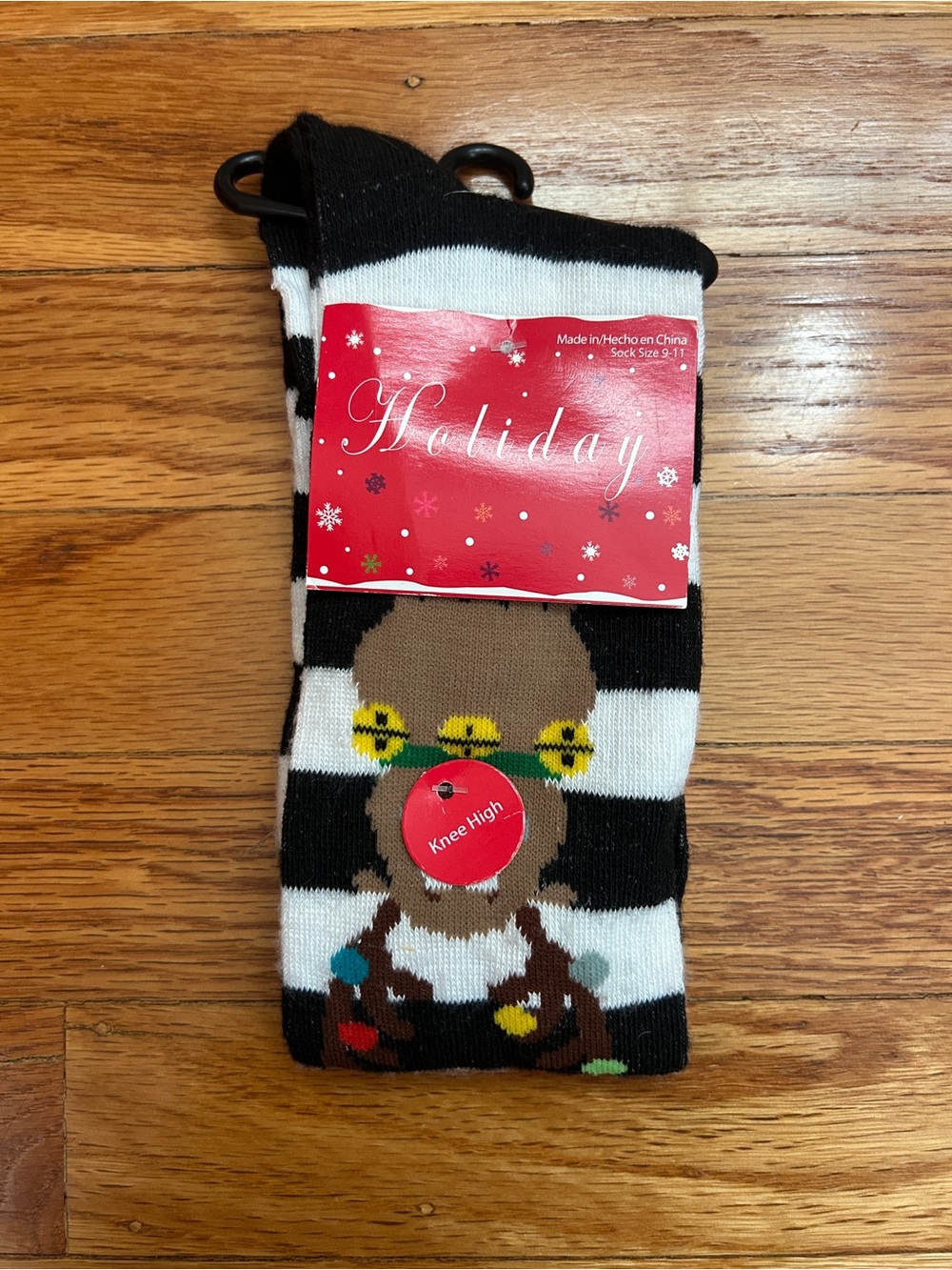 Holiday Knee High Socks - Black & White Stripes with Reindeer Motif